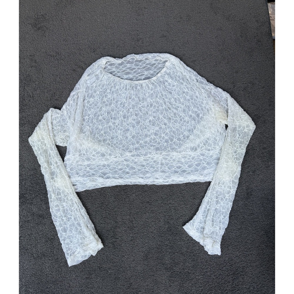 Musera White Sheer Floral Lace Long Sleeve Crop Top Size S Scoop Neck Stretch